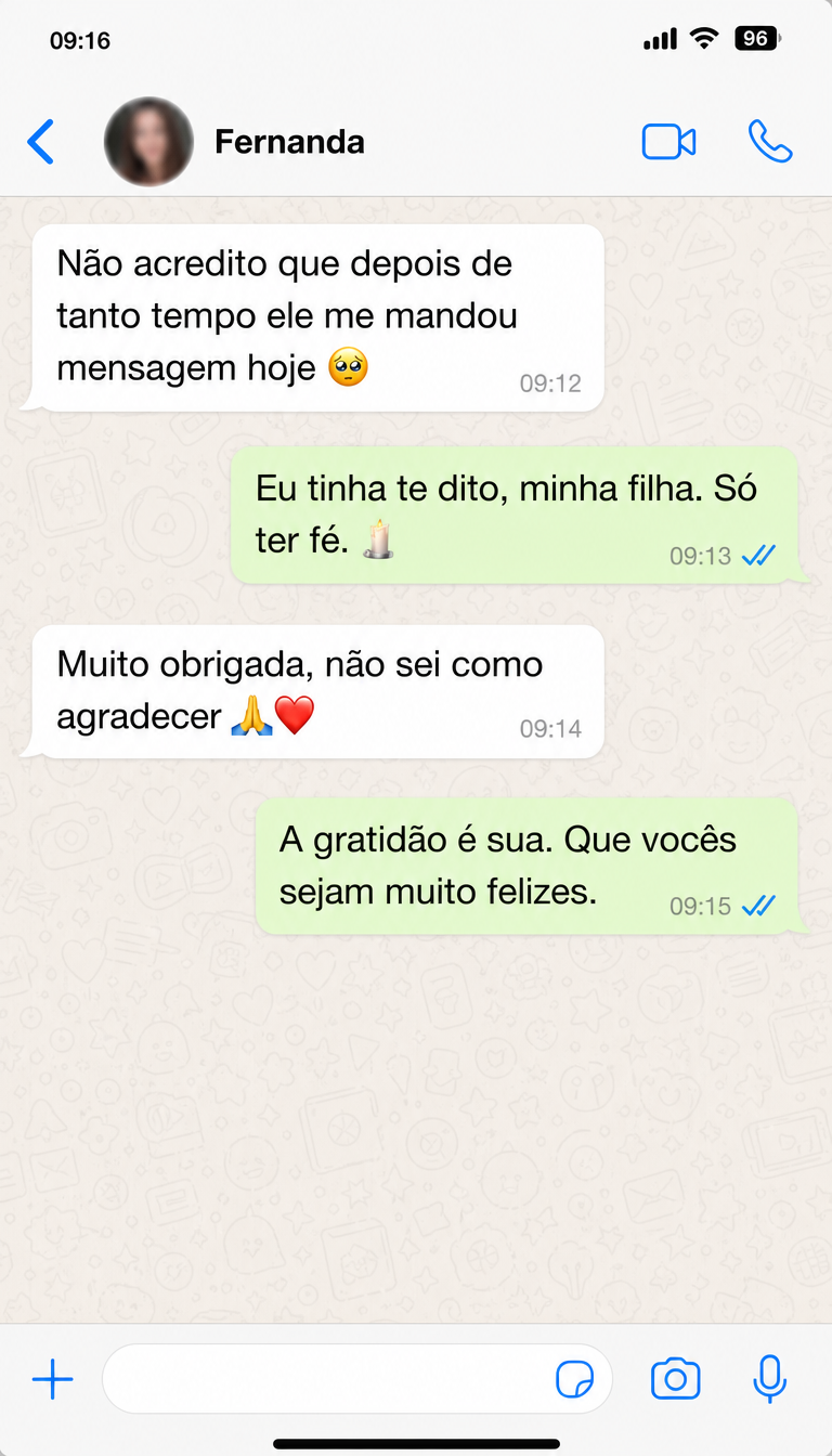 Print de conversa de WhatsApp com depoimento de Fernanda, SP