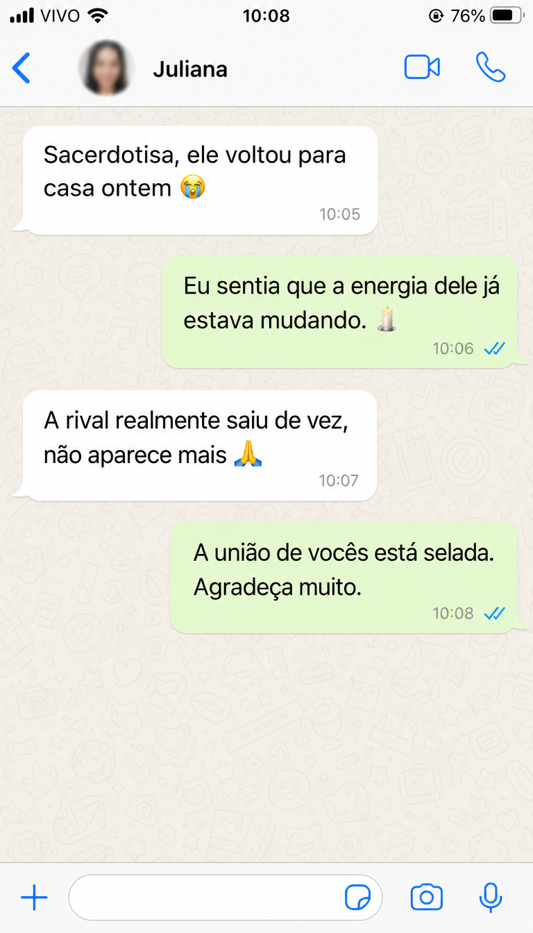 Print de conversa de WhatsApp com depoimento de Juliana, RJ