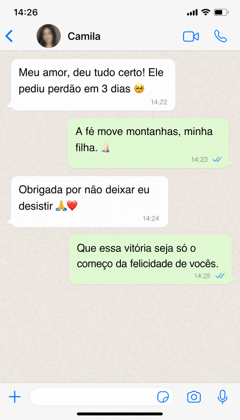Print de conversa de WhatsApp com depoimento de Camila, MG